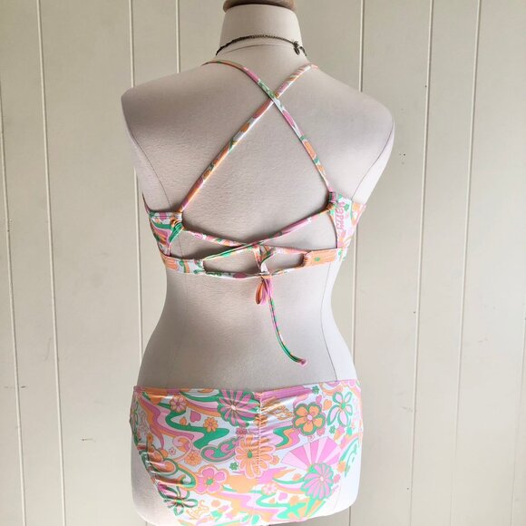 Ninety Nine Degrees 60s Floral Pattern Bikini Pink Orange Mismatch Size XL/XXL - Picture 2 of 9